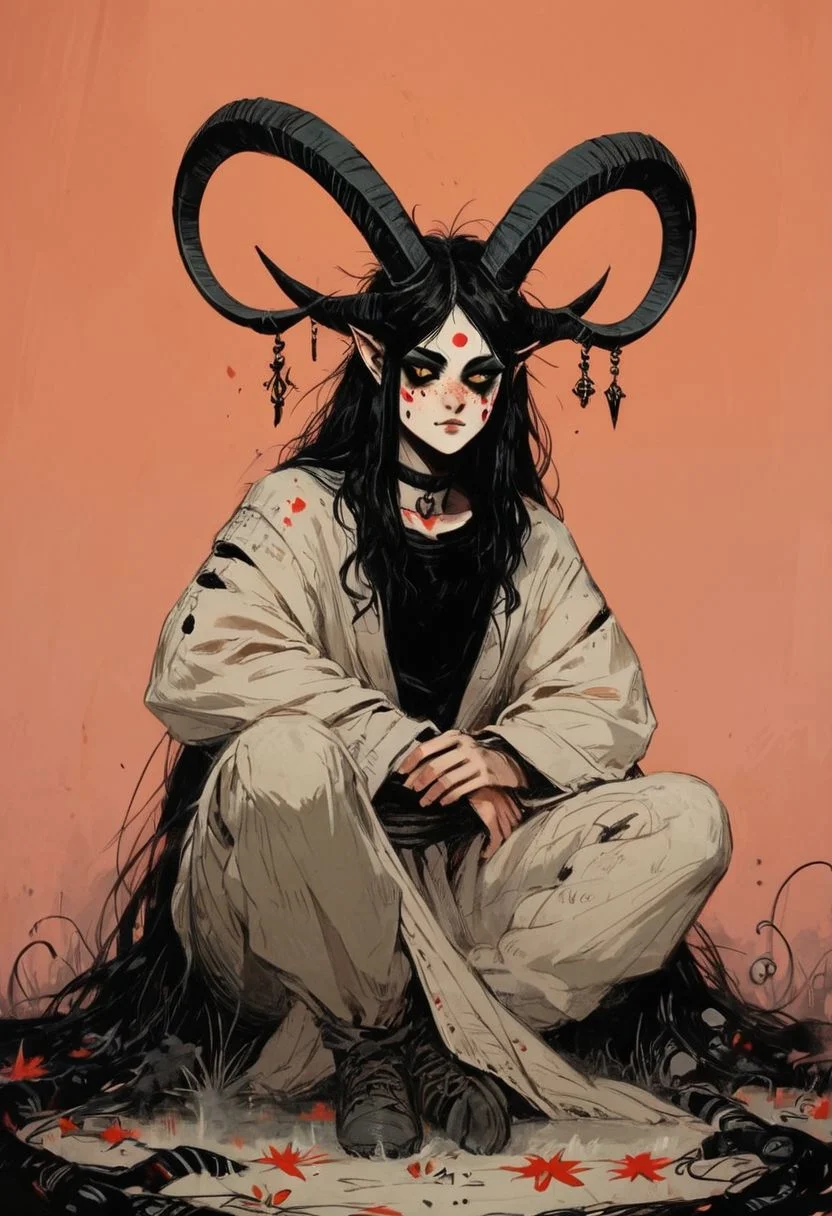 ((score_9, score_8_up, score_7_up)), (full-length character design, assassin woman holding a severed demonic head, bloodstains), modern-style colour illustration, bold & powerful, lifelike art, cultist girl, evil & dark robes, detailed setting, sitting in a woodland grove, exploring the surroundings, deep and colourful background, dark and moody lighting, green and blue and brown, light hair but dark eyebrows, half-obscured face, ceremonial facepaint and bodypaint, e-girl makeup, black choker, flirting, teasing, different poses, inset reaction shot, rich & seductive, freckles, reaction frame, erotic aesthetics