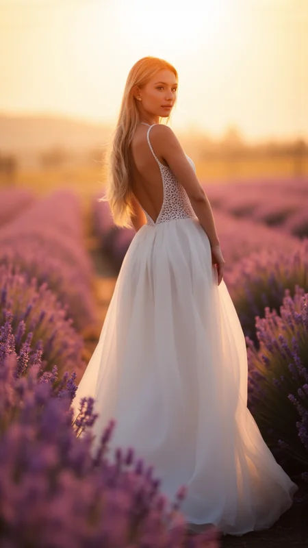 A bridal fashion model in a flowing ivory gown, standing in a lavender field at sunset, the flowers in full bloom and creating a romantic, dreamy scene.    , aidmaRealisticPeoplePhotograph