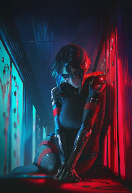masterpiece, best quality,artist:john_kafka,artist:nixeu,artist:quasarcake, chromatic aberration, film grain, horror \(theme\),  high contrast, color contrast, cold colors, elster \(signalis\), metal skin, cyberpunk, blue eyes, exhausted, elevator, science fiction, blood,  gritty, graphite \(medium\) <lora:ChamIllustriousBackgroundEnhancer:1>