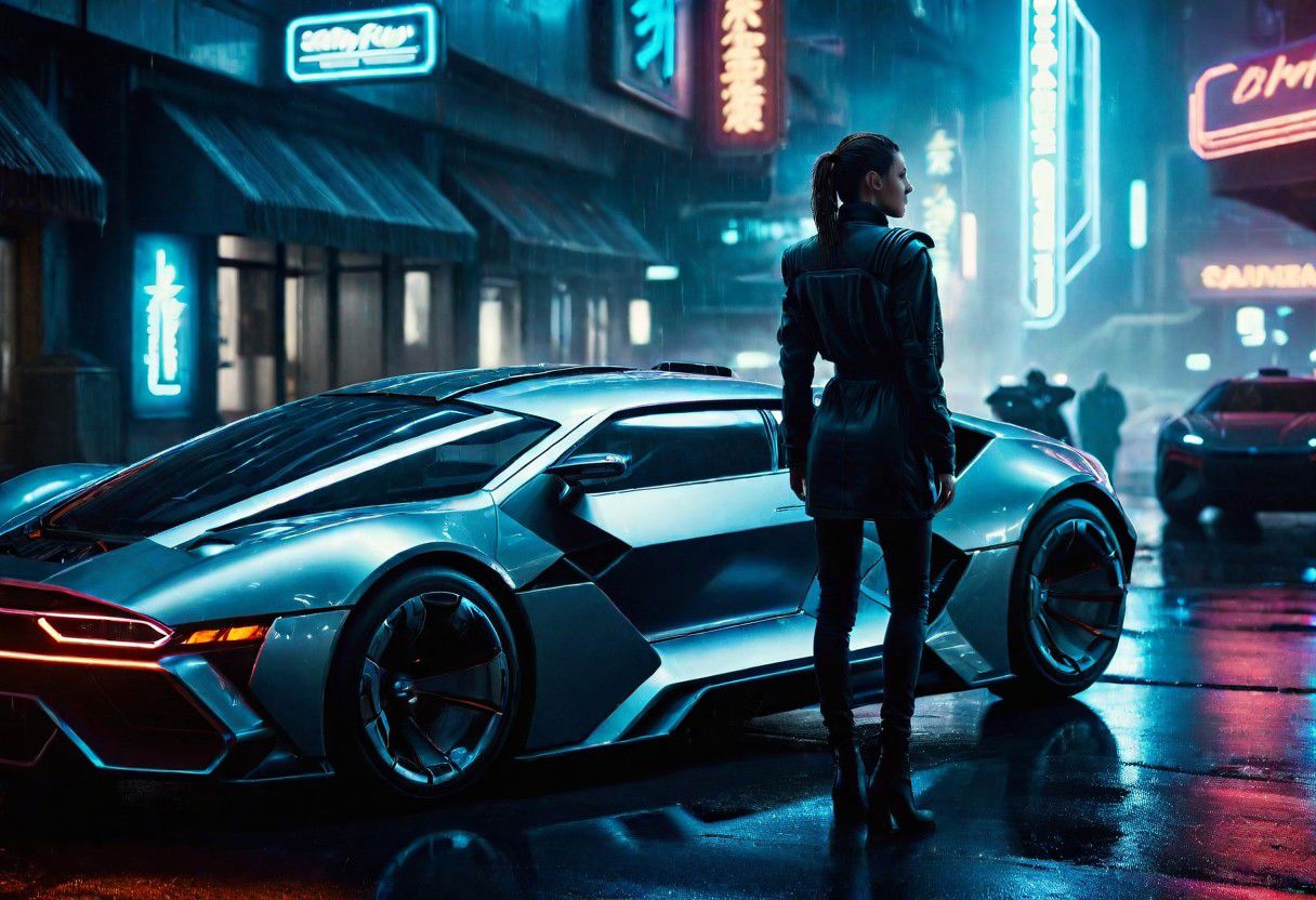 cinematic film still of  <lora:Blade Runner Style:1>
Cinematic Hyperrealistic Artstation Artwork of a cyberpunk woman standing next to a futuristic car in a city in arainy day at night Blade Runner style, shallow depth of field, vignette, highly detailed, high budget, bokeh, cinemascope, moody, epic, gorgeous, film grain, grainy