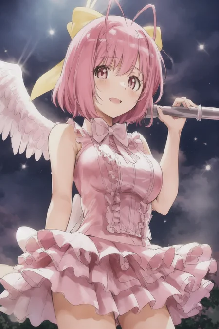 nakagawa kanon, white pupils, pink hair, hair ribbon, large breasts, outside, stage, angel, angel wings, halo, white dress, sleeveless, spotlight, 1girl, solo, <lora:Kanon V3:0.6>