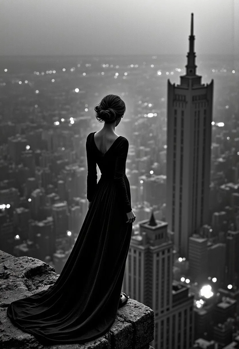 Black and white image, she leaned on a parapet and gazed over the expanse of hills which rolled away like swells on a sea