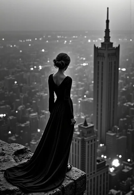 Black and white image, she leaned on a parapet and gazed over the expanse of hills which rolled away like swells on a sea