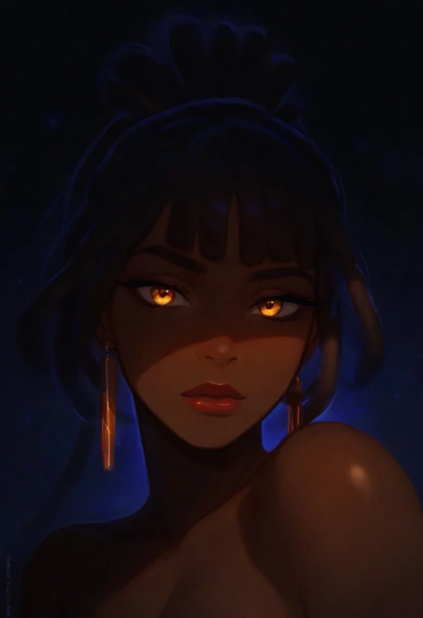 masterpiece, best quality, amazing quality, very aesthetic, absurdres, newest, 1girl, dreadlocks, solo, dark skin, dark-skinned female, short hair, bangs, earrings, jewelry, looking at viewer, very dark skin, bare shoulders, black hair, upper body, glowing, BREAK flowing shadows across the neon-lit fractals.,
The figureas red lips stand out vividly, She tilts her head slightly upward, her expression enigmatic, as the interplay of shadows and neon light creates a mesmerizing depth. <lora:ponyv4_noob1_2_adamW-000017:0.7000000000000001> <lora:748cmSDXL:0.7>