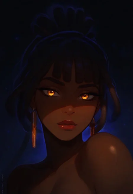 masterpiece, best quality, amazing quality, very aesthetic, absurdres, newest, 1girl, dreadlocks, solo, dark skin, dark-skinned female, short hair, bangs, earrings, jewelry, looking at viewer, very dark skin, bare shoulders, black hair, upper body, glowing, BREAK flowing shadows across the neon-lit fractals.,
The figureas red lips stand out vividly, She tilts her head slightly upward, her expression enigmatic, as the interplay of shadows and neon light creates a mesmerizing depth. <lora:ponyv4_noob1_2_adamW-000017:0.7000000000000001> <lora:748cmSDXL:0.7>