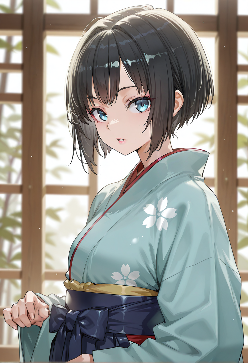 1girl, black hair, blue eyes, japanese clothes, long sleeves, looking at viewer, parted lips, short hair, solo<lora:MellowVeil-000025:1>