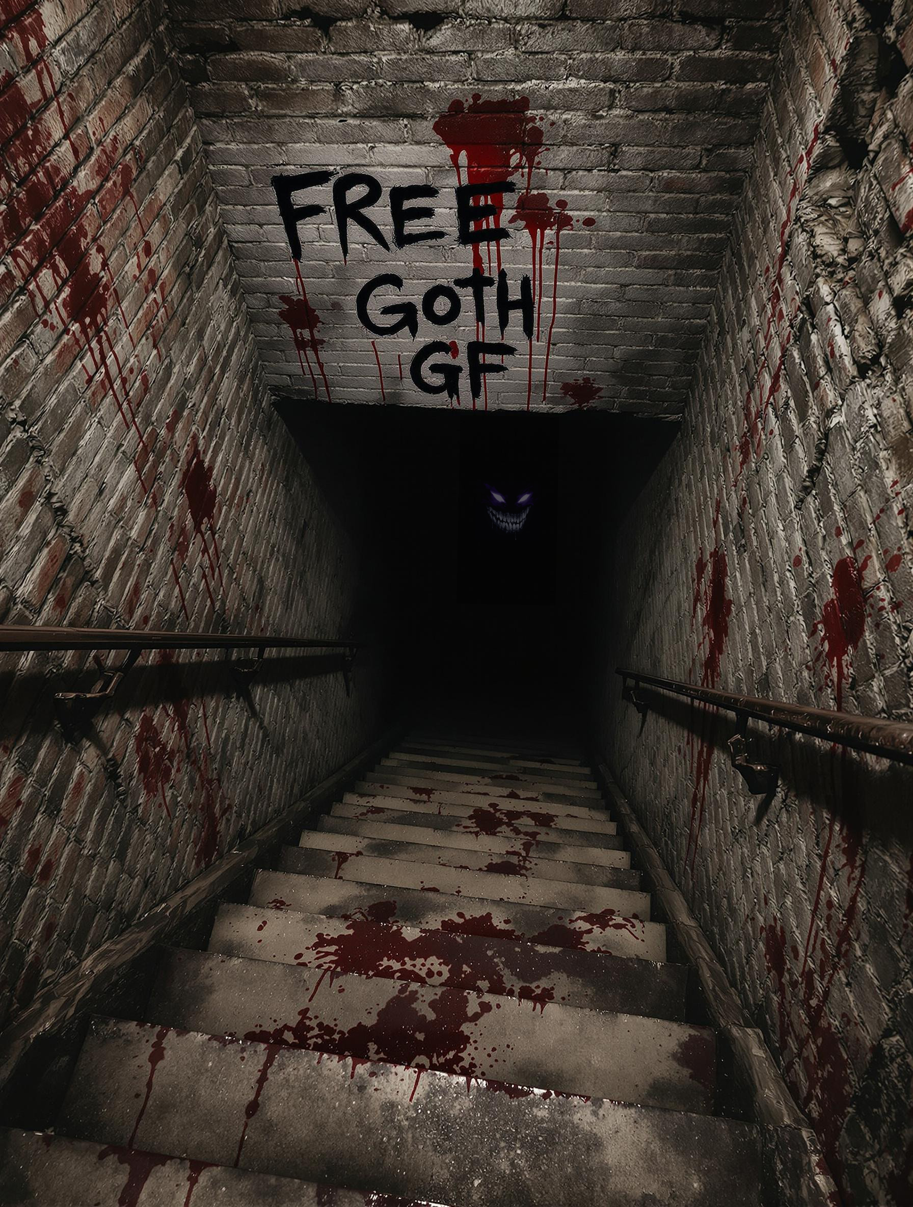 A dilapidated creepy staircase leading down to a pitch black basement, old crumbling brick walls, bloodstains, the words "Free Goth GF" are spray-painted right above the basement entrance. Glowing eyes and sharp teeth are visible in the pitch black darkness, eerie atmosphere, 
Realistic, best quality, 4k, masterpiece, viewed from upstairs,