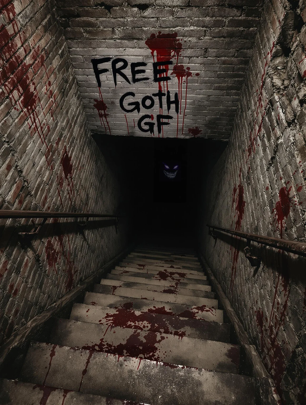 A dilapidated creepy staircase leading down to a pitch black basement, old crumbling brick walls, bloodstains, the words "Free Goth GF" are spray-painted right above the basement entrance. Glowing eyes and sharp teeth are visible in the pitch black darkness, eerie atmosphere,
Realistic, best quality, 4k, masterpiece, viewed from upstairs,