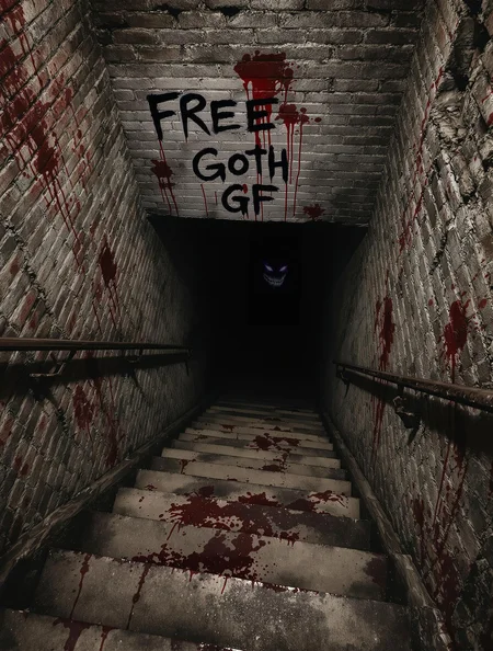 A dilapidated creepy staircase leading down to a pitch black basement, old crumbling brick walls, bloodstains, the words "Free Goth GF" are spray-painted right above the basement entrance. Glowing eyes and sharp teeth are visible in the pitch black darkness, eerie atmosphere, 
Realistic, best quality, 4k, masterpiece, viewed from upstairs,