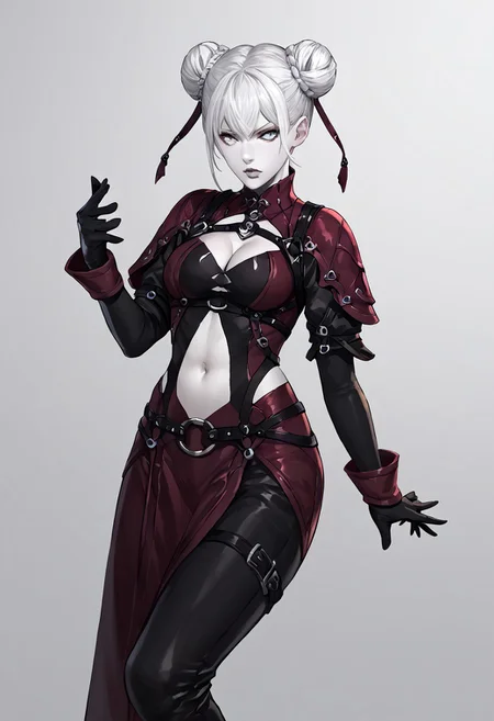 score_9, score_8_up, score_7_up, score_6_up, score_5_up, score_4_up, source_anime, solo, 1girl,
twin-buns, white hair, gray eyes, black outfit, pale skin, navel cutout, high boots, lips, curvy, twin-buns, white hair, gray eyes, black and maroon outfit, pale skin, midriff, navel, lips, black gloves, cleavage, black sleeves, harness,
masterpiece, best quality, very aesthetic, absurdres,