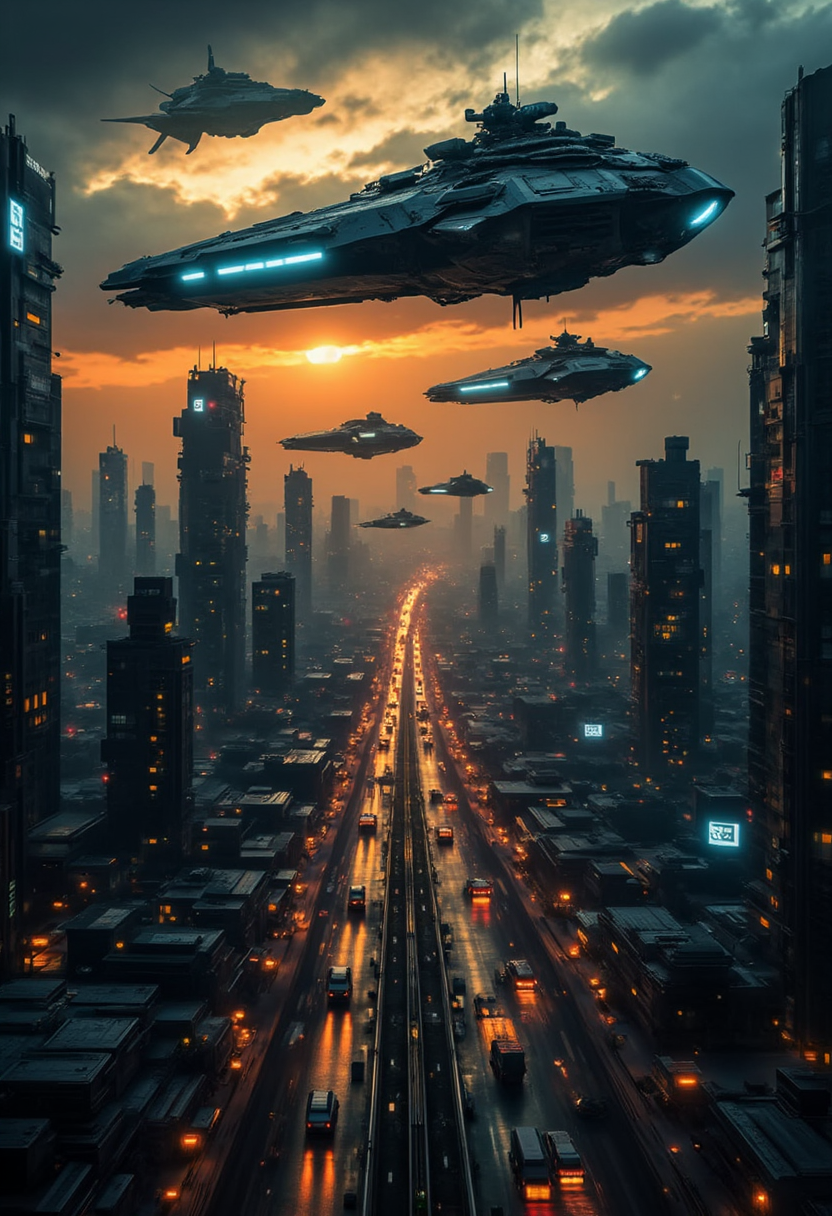 Dark and moody yfg-daak, A breathtaking sci-fi cityscape set in a futuristic metropolis at sunset. The city stretches endlessly with towering skyscrapers, illuminated buildings, and a highway filled with vehicles, creating a sense of immense scale and depth. Above the city, a massive fleet of advanced, sleek black spaceships with glowing blue thrusters fills the sky. Some ships are large battleships with intricate mechanical details, while others are smaller, agile fighter crafts. The sky features a mix of dramatic clouds, a partially visible moon, and the golden hues of the setting sun casting a cinematic glow over the entire scene. The atmosphere is both epic and tense, evoking the feeling of an impending large-scale intergalactic battle or invasion.