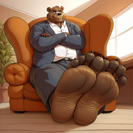 score_9, score_8_up, score_8, furry, Father Bear, bear, brown fur, dilf, cartoon style, 2d, overweight male, chubby, fat, pecs, thick thighs, wide hips, suit, pants, no shoes, sitting back, sitting in armchair, relaxing, barefoot, big feet, black pawpads, feet up close, foot focus, five toes, feet up, arms crossed, smug expression, inside