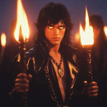 ArsMovieStill, 80s Fantasy Movie Still, The image shows a young man with long dark hair and a serious expression on his face. He is wearing a black leather outfit with a high collar and long sleeves. He has a chain necklace around his neck and is holding a torch in his right hand. The torch is burning brightly and the man is standing in front of a group of people who are also holding torches. The background is dark and blurry suggesting that the scene is taking place at night. The overall mood of the image is intense and dramatic., jewelry, weapon, 1girl, sword, necklace, yellow eyes, solo focus, black hair, holding, long hair