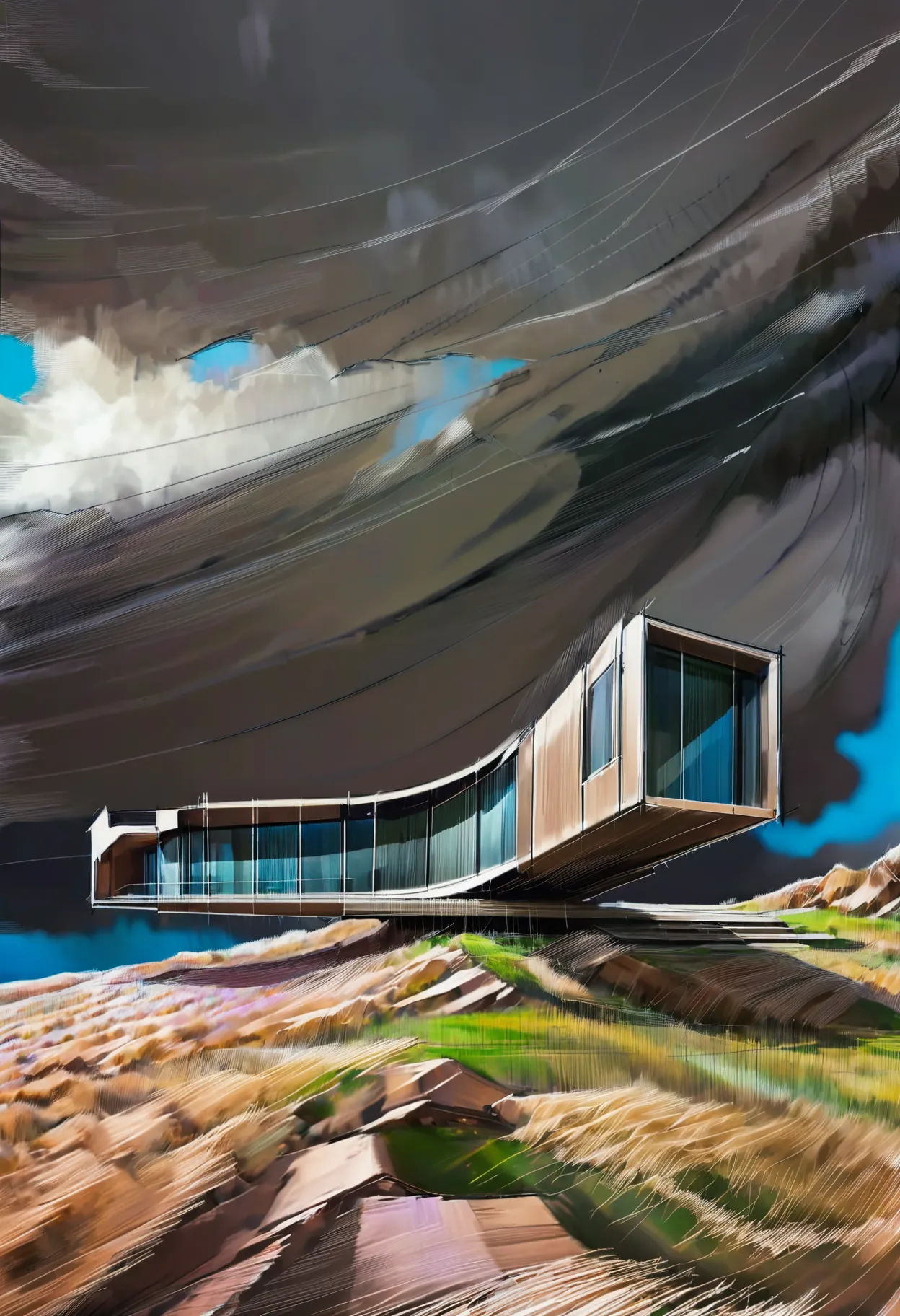 cinematic still architecture,building, cantilevered structure, hillside, cloudy sky, windy, meadow, pencekenan style . film grain, grainy, Marker Drawing, bold marker lines, visibile paper texture, marker drawing, , <lora:AIDVN_pencekenan_style:0.8> <lora:aesthetic_anime_v1s:0.8>