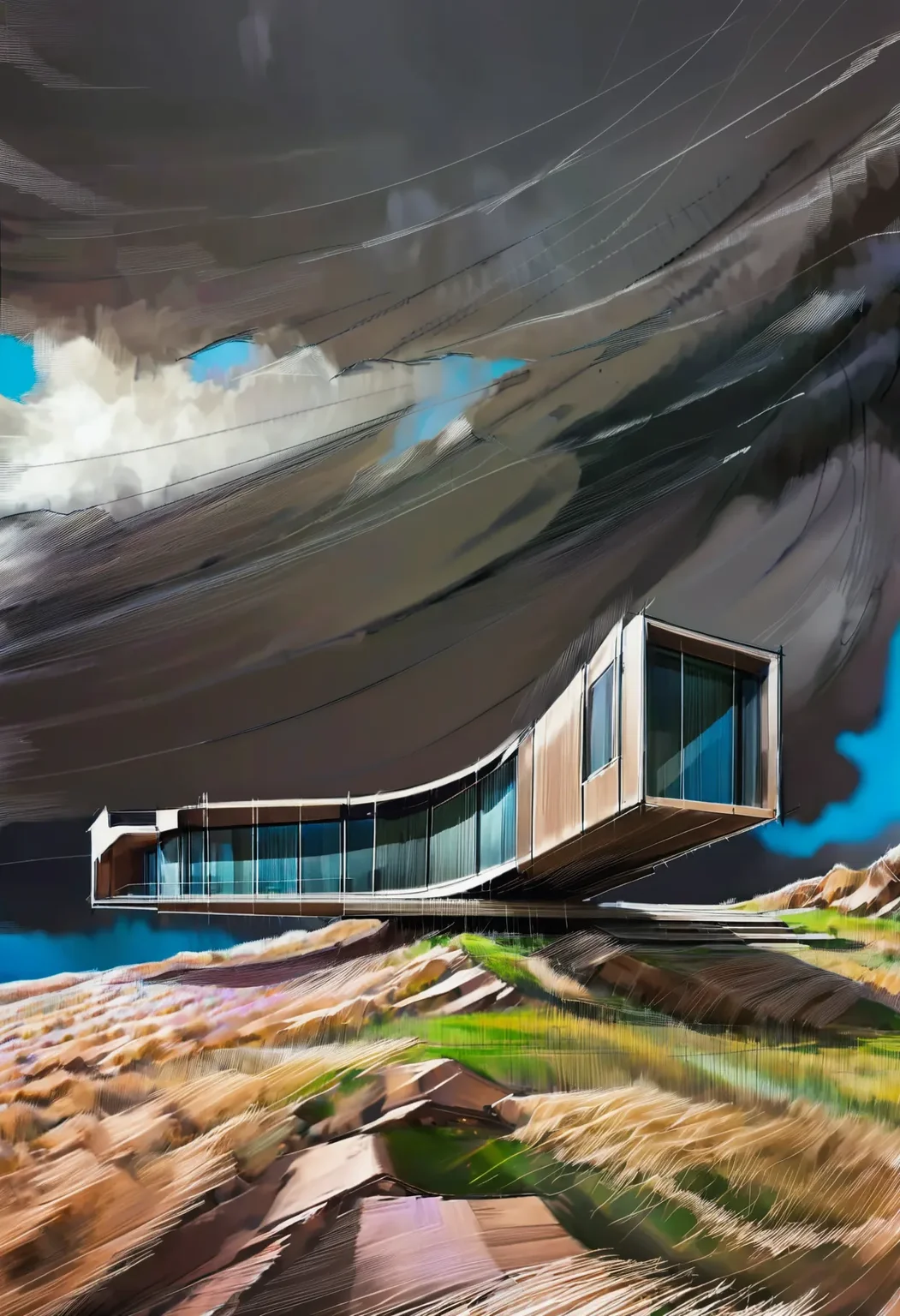 cinematic still architecture,building, cantilevered structure, hillside, cloudy sky, windy, meadow, pencekenan style . film grain, grainy, Marker Drawing, bold marker lines, visibile paper texture, marker drawing, , <lora:AIDVN_pencekenan_style:0.8> <lora:aesthetic_anime_v1s:0.8>