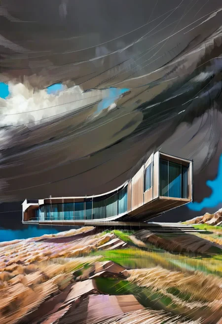 cinematic still architecture,building, cantilevered structure, hillside, cloudy sky, windy, meadow, pencekenan style . film grain, grainy, Marker Drawing, bold marker lines, visibile paper texture, marker drawing, , <lora:AIDVN_pencekenan_style:0.8> <lora:aesthetic_anime_v1s:0.8>