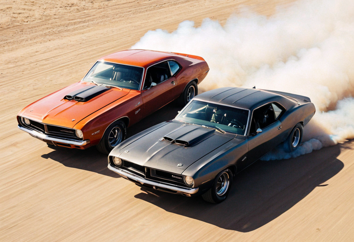 ClassicMuscleCar, ((multiple muscle cars racing)), front side view, sunny, desert, smoke trail, aerial view, motion blur, 4K, highly detailed, (stylish grainy analog 35mm film photo)