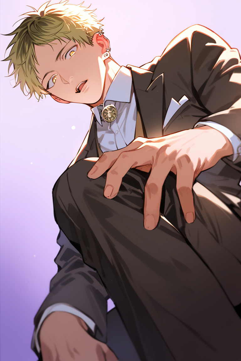 score_9, score_8_up, score_7_up, source_anime, rating_questionable, realistic shading, natural lighting, 2ndmale focus, looking down at viewer, expressive cute face, hiiragigiven, brown-blonde_hiiragi_2ndmale hair, yellow eyes, grey_Hiiragi_ear piercing, 2ndboy, parted lips, open mouth, shiny skin, standing, posing, squatting, intimidating, formal cosplay, brown suit, cowboy shot, simple plain purple background, scenery, from below, centered, foreshortening, dutch angle, dynamic angle, intricately detailed illustration, depth of field