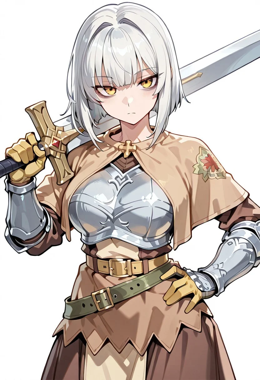 1girl, solo, masterpiece, best quality, cowboy shot, close up, newest, anime, matte, shiny skin, perfect eyes, stoic, muscular, looking at viewer, standing, simple background, white background, tachi-e, swdro, silver breastplate, brown capelet, dress, belt, armored gloves, long skirt, brown skirt, gauntlet, yellow gloves, sword, weapon on shoulder, holding sword, holding weapon, one-handed sword, hand on hip
BREAK
1girl, bob cut, hair intakes, bangs, medium hair, (yellow eyes), bags under eyes, tsurime, white hair, side locks, big breasts,