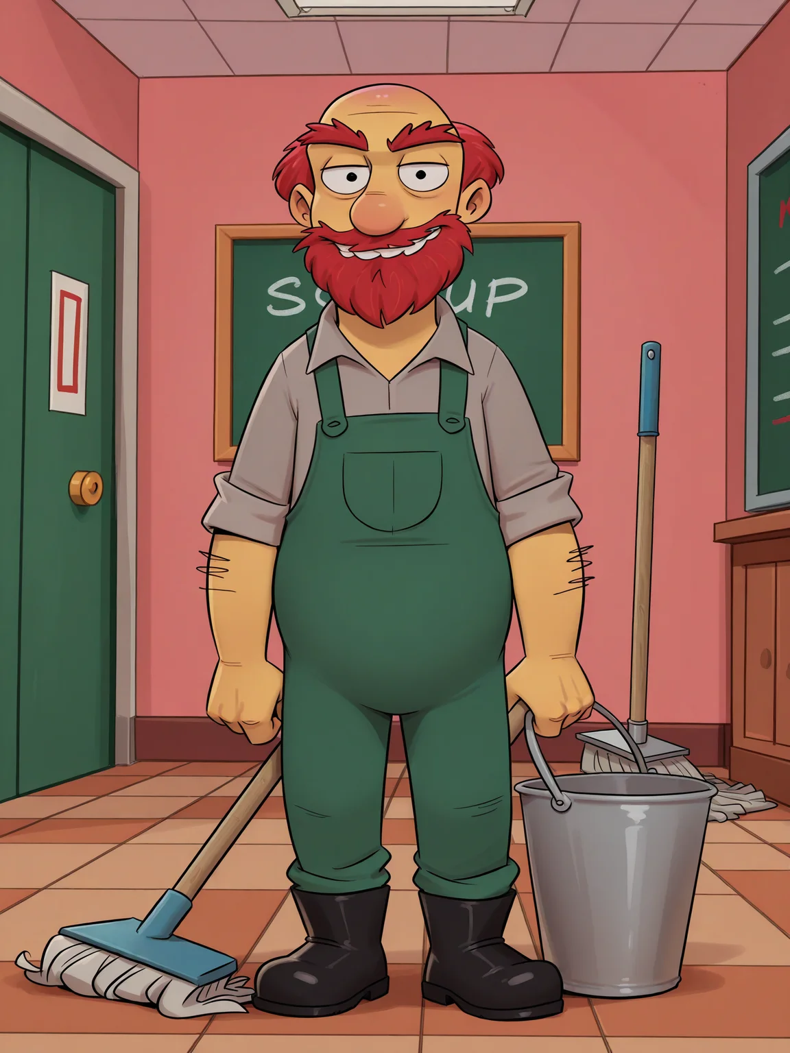 <lora:JMoxComix_style-12:0.8> JmoxComic, man mopping the floor, mop bucket,  in a classroom, looking at viewer, happy, 
best quality, highres, score_9, score_8_up, score_7_up, score_6_up,  <lora:Groundskeeper_Willie_-_The_Simpsons_-_Character:0.8> groundskeeperwillie_simpsons, 1boy, solo, yellow skin, bald, beard, red hair, bushy eyebrows, collared shirt, grey shirt, sleeves rolled up, green overalls, black boots, arm hair