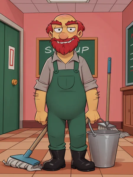 <lora:JMoxComix_style-12:0.8> JmoxComic, man mopping the floor, mop bucket,  in a classroom, looking at viewer, happy, 
best quality, highres, score_9, score_8_up, score_7_up, score_6_up,  <lora:Groundskeeper_Willie_-_The_Simpsons_-_Character:0.8> groundskeeperwillie_simpsons, 1boy, solo, yellow skin, bald, beard, red hair, bushy eyebrows, collared shirt, grey shirt, sleeves rolled up, green overalls, black boots, arm hair