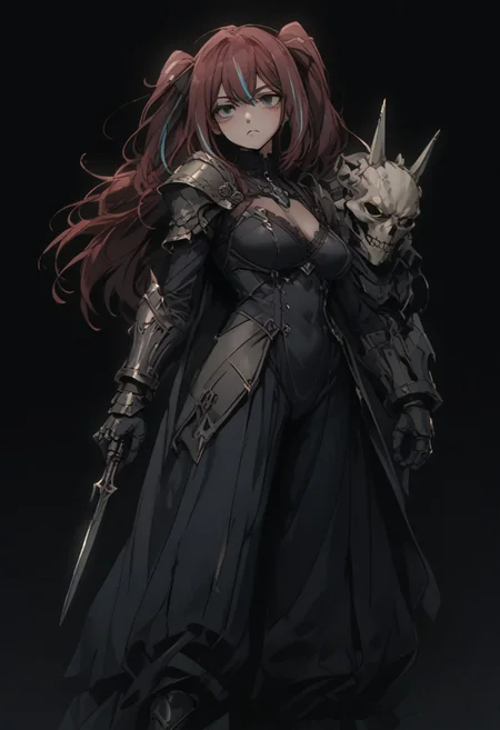 score_9, score_8_up, score_7_up, score_6_up, score_5_up,full body:1.4,black background,simple background,masterpiece, best quality, sharp_details, game_cg，flat color, dark theme
,
akoya,multicolored hair, streaked hair,brown hair,aqua hair,two side up,bangs,aqua eyes,
breasts, cleavage,tigh body suit,underbust,black detail gauntlets armor,(tight),mature face,
,standing,(large breasts:0.6),from side:1(fromfront:0.5),raise a skull 
 with one hand,looking at the skull eyes hole,expressionless,
 dramatic pose,full body:1.4,