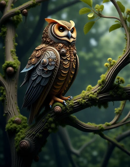and ral-frctlgmtry owl sitting on a tree branch in a myhtical for <lora:ral-frctlgmtry_flux:1>