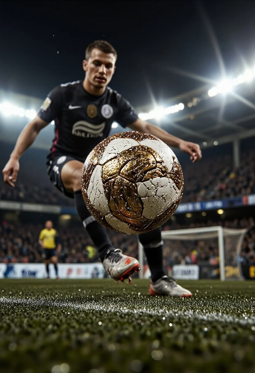 A highly detailed 8k UHD professional photograph of a soccer player running to kick a solo soccer ball made of metallic snake scales, the camera is focused on the ball, from below, dutch angle, motion blur, bokeh, mud slinging, in the rain, very detailed, exciting image, sports_photography