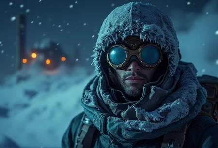 A mid-shot portrait of a frost-clad survivor in heavy winter clothing, the face visible under layers of frost, steampunk goggles, surrounded by swirling snow, dark and cold atmosphere, soft light illuminating from a distant industrial source . bv-fropunsty<lora:bv-frostpunk-style-v1.safetensors:1.0:1.0>