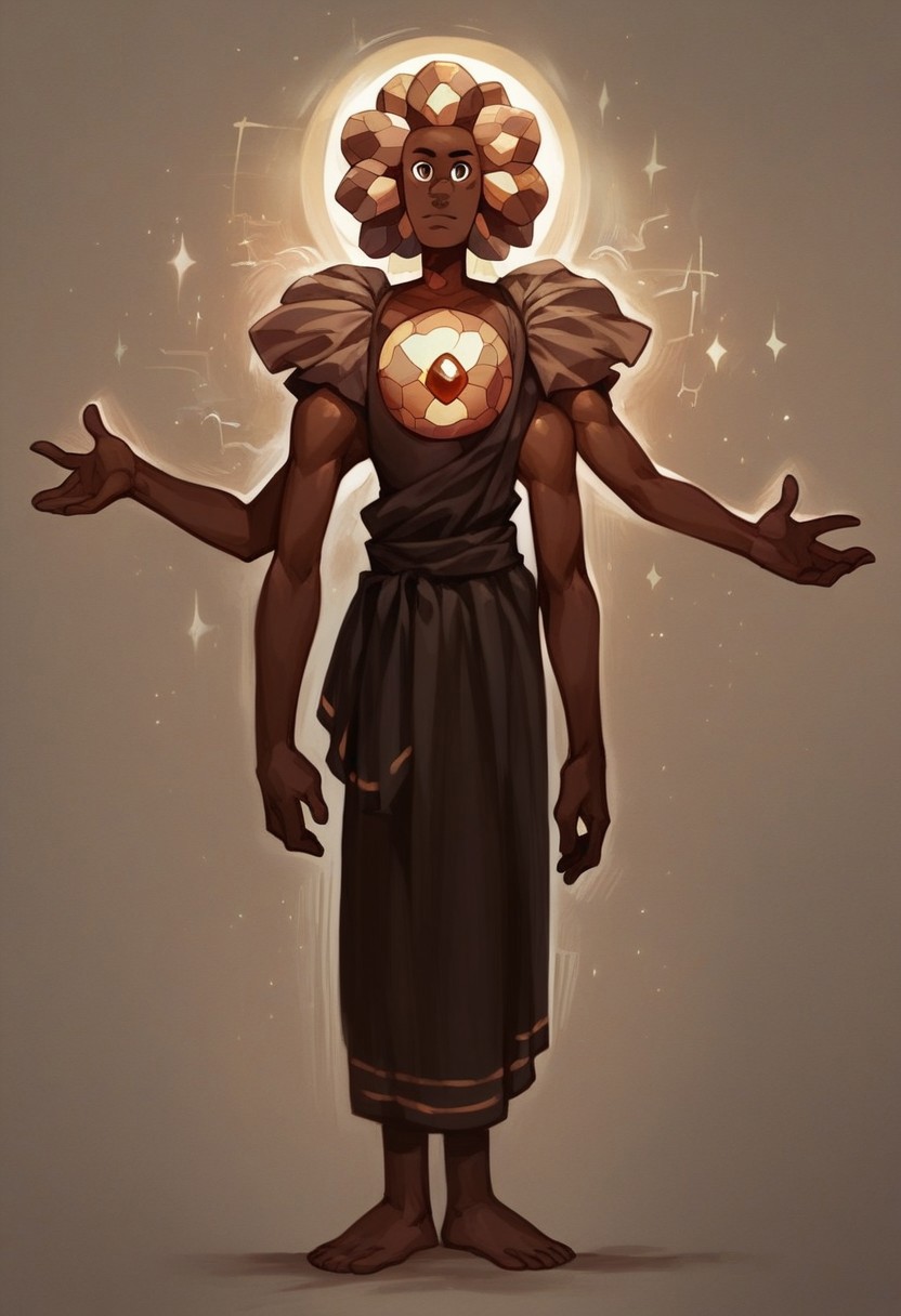 score_9, score_8_up, score_7_up, score_6_up, solo, full body, a brown humanoid golem with a single brown gem embedded in chest, meditating, zen, brown crystal hair, wearing brown monk robes, brown body, brown body markings, brown chest gem, brown humanoid, brown theme, flat chest, shiny skin, fusion, 4 arms, dark background, best quality, highly detailed, illustration, vibrant colors, masterpiece