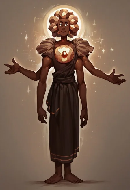 score_9, score_8_up, score_7_up, score_6_up, solo, full body, a brown humanoid golem with a single brown gem embedded in chest, meditating, zen, brown crystal hair, wearing brown monk robes, brown body, brown body markings, brown chest gem, brown humanoid, brown theme, flat chest, shiny skin, fusion, 4 arms, dark background, best quality, highly detailed, illustration, vibrant colors, masterpiece