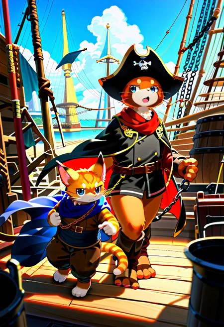 watashigu, animal, blue eyes, cape, cat, chain, flag, furry, furry male, no man's, open mouth, pirate, pirate hat, score_9, score_8_up, score_7_up, zPDXL3, zuppu11