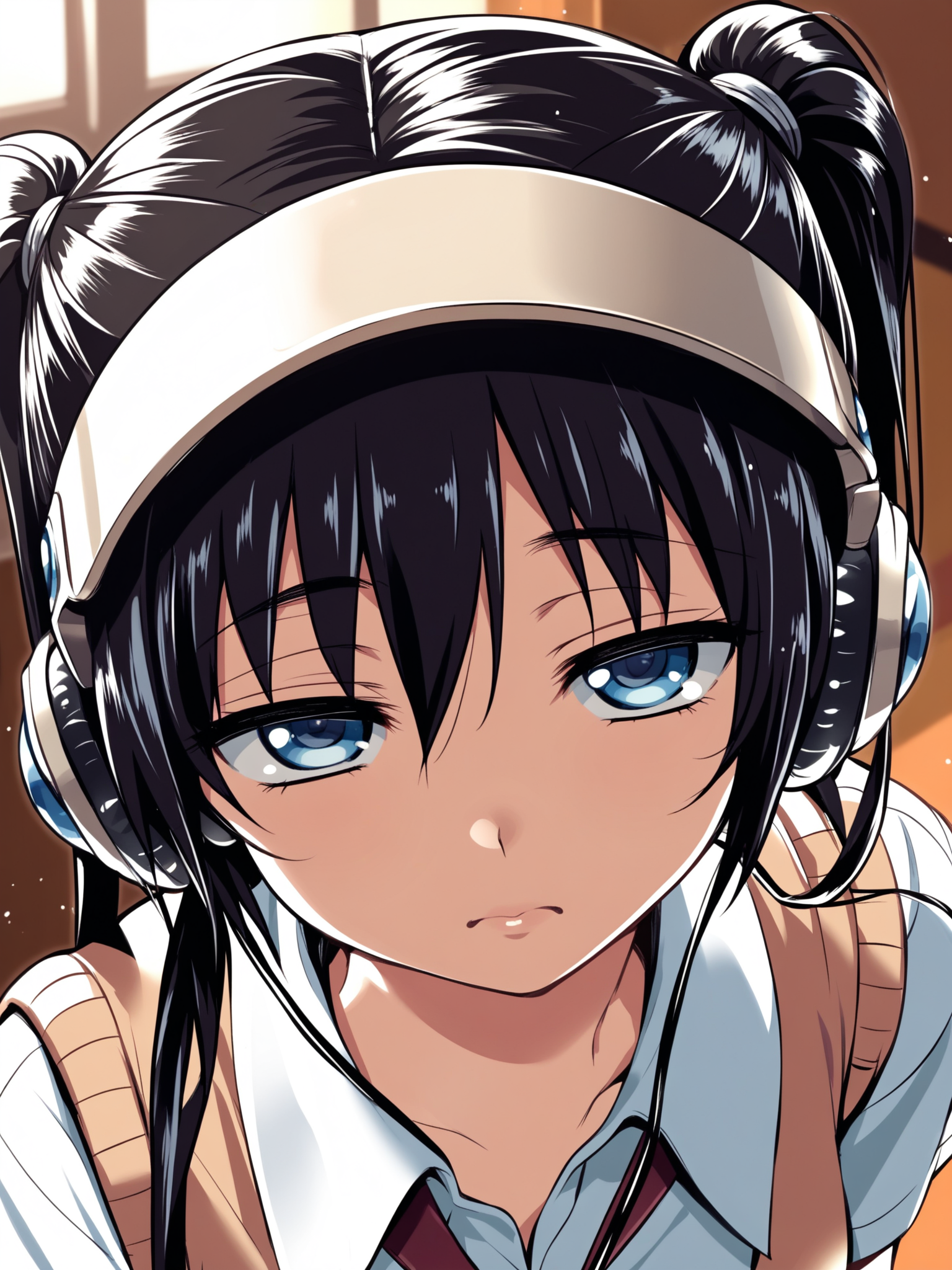 <lora:happy_tentacle-mayu-v0.1-000033:0.9>, ht_mayu, headphones, black hair, blue eyes, collared shirt, sweater vest, short sleeves, indoors , 1girl, solo, , half-closed eyes , (doyagao :1), , looking at viewer , , facing viewer , score_9, score_8_up, score_7_up, score_6_up, score_5_up, score_4_up