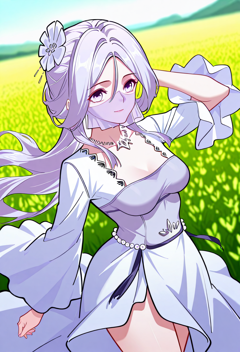 <lora:Chu_Qingcheng_IL:1>,Chu_Qingcheng_IL,1girl,long purple hair,wavy hair,Soft wavy strands,hair ornament,parted bangs,purple eyes,hair between eyes,necklace,medium breasts,face veil,soft light purple veil,elegant outfit,white dress,layered dress,pearl accents,high slit dress,wide sleeves,flowy fabric,ornamental belt,waist gems,floral chest design,
score_9,score_8_up,score_7_up,very aesthetic,source_anime,detailed,high quality,beautiful,masterpiece,detailed eyes,field,blurry background,pose dynamic angle,upper body,cowboy shot,light smile,floating