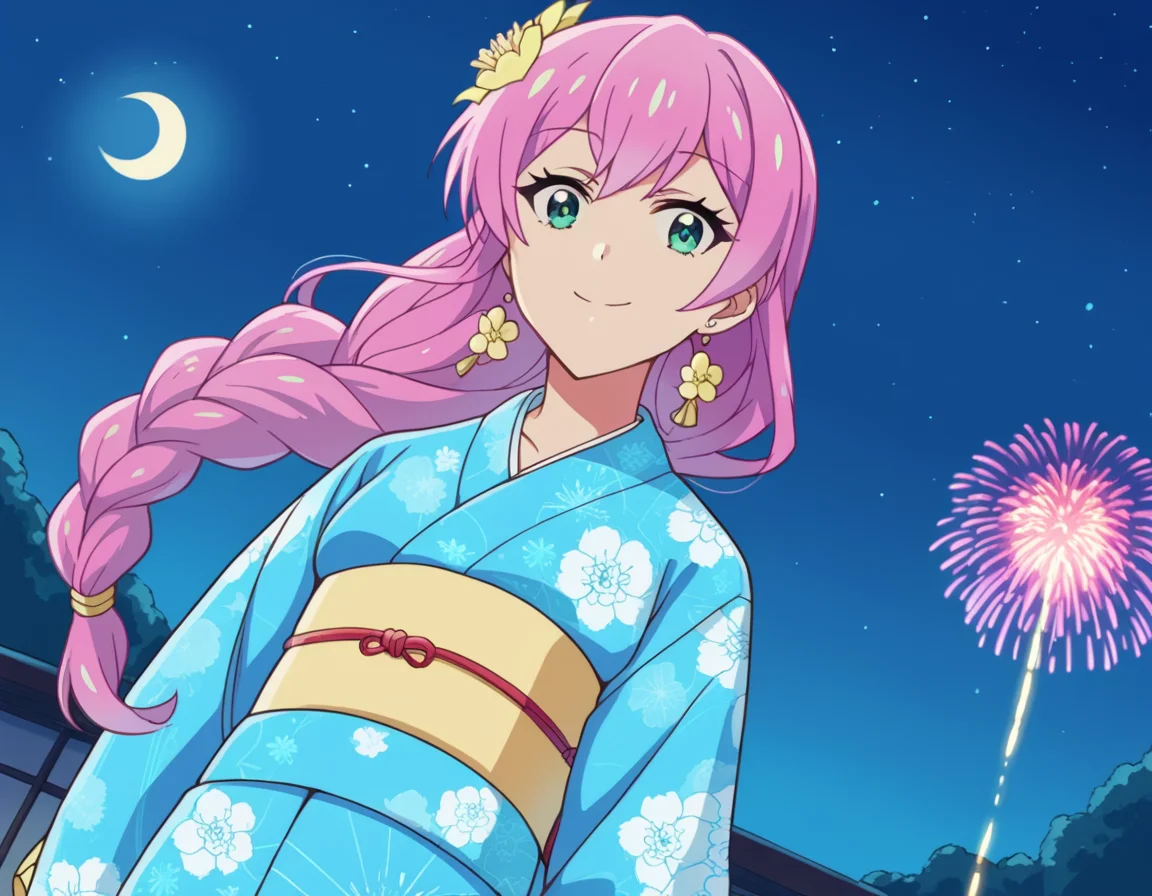 score_9, score_8_up, score_7_up, source_anime,
akariwatanabe, <lora:akari-watanabe-s1-ponyxl-lora-nochekaiser:1>,
akari watanabe, long hair, pink hair, multicolored hair, aqua eyes,
jewelry, braid, earrings, japanese clothes, kimono, sash, obi, yukata, blue kimono, flower, flower print,
outdoors, fireworks, night, moon, starry sky, smile,
cowboy shot, looking at viewer, solo, dutch angle,