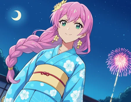 score_9, score_8_up, score_7_up, source_anime,
akariwatanabe, <lora:akari-watanabe-s1-ponyxl-lora-nochekaiser:1>,
akari watanabe, long hair, pink hair, multicolored hair, aqua eyes,
jewelry, braid, earrings, japanese clothes, kimono, sash, obi, yukata, blue kimono, flower, flower print,
outdoors, fireworks, night, moon, starry sky, smile,
cowboy shot, looking at viewer, solo, dutch angle,