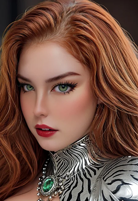 v3r0t1k4, 1girl, solo, realistic, ((full body:1.3)), ((wide angle shot, side view)), ((Hyperrealistic face:1.3), Detailed face), (perfect face:1.3), ((slutty woman)), ((green eyes, perfecteyes, long lashes)), 1girl, ((red hair:1.4)), long-haired white tiger woman, A closeup of fantastical image of a white tiger woman wearing a silver-plate dress, clad in a flowing, full silver-plate dress, wielding ornate jewelry, (perfect face:1.3), Her face is filled with power and determination as she wield the jewelry in a fluid, walking, looking at viewer, and making dynamic motion, voluptuous, huge saggy natural breasts, huge ass, huge thighs, ((thick thigs)), ((thicc)), (((flirty, mischief, naughty, inviting, eyes slutty look))), (masterpiece), (Realistic photo), (High quality), (RAW photo 8k), (Photography), Ultra detailed realistic skin texture).