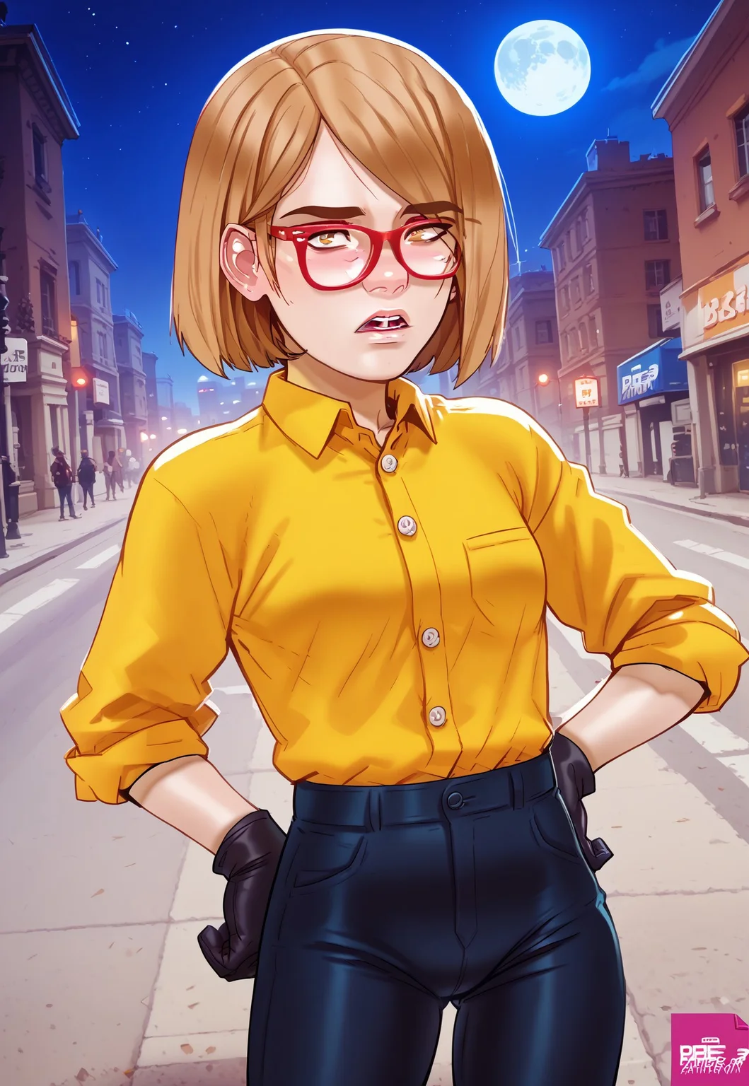 safe_pos, score_9, score_8_up, score_7_up, score_6_up, score_5_up, score_4_up, rating_explicit, masterpiece, digital art, high quality, best quality, aesthetically pleasing, alluring, attractive, gorgeous, expressive eyes, perfect face, solo, andava style, 1girl, darcy, glasses, short hair, blonde hair, small breasts, slim, small waist, shirt, button up shirt, flannel shirt, yellow shirt, rolled up sleeves, jeans, skinny jeans, black jeans, gloves, black gloves, leather gloves, short gloves, half closed eyes, outdoors, cityscape, street, street lights, night sky, moon, moonlight