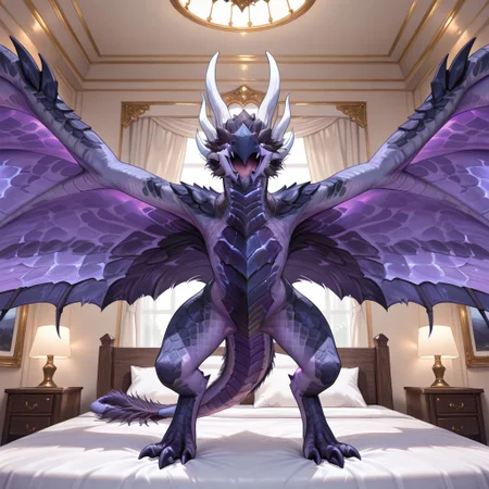 1girl, highres, absurdres, newest, masterpiece, best quality, furry, furry_female, raszageth_wc, dragon, scales, wings, horns, tail, wyvern, purple sclera, glowing eyes, 1girl, ((wyvern, no hands, no claws:1.3) (feral, bipedal:1.3), (standing, spread wings), open_mouth, open mouth smile, luxurious detailed room, bright room, day scene, professional lighting, white bed, solo, bedroom, smiling, seductive, looking_at_viewer, masterpiece, close up, safe