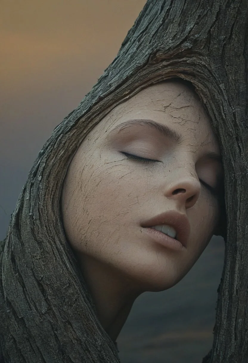 This image is a hyperrealistic CGI artwork featuring a stylized, surreal portrait of a woman. The artwork, likely created digitally, presents an eerie, otherworldly scene. The subject, a woman with a serene expression, has her face partially embedded within a twisted, gnarled branch that resembles an ancient, weathered tree trunk. The branch's texture is rough and organic, blending seamlessly with the woman’s skin, giving a sense of her face merging with nature.
Her eyes are closed, and an ethereal, blue light glows from within her face, suggesting an inner light or mystical energy. The woman’s skin is a light, almost ghostly color, contrasting sharply with the dark, rough texture of the branch. Her face, adorned with subtle, almost imperceptible makeup, gives a serene, contemplative appearance.
The background depicts a vast, sandy desert landscape under an overcast sky with a gradient of soft, golden hues. The dunes are smooth and undulating, stretching out into the horizon, where rocky formations rise from the sand. The overall scene is bathed in a soft, warm light that enhances the mystical, almost spiritual aura of the artwork.