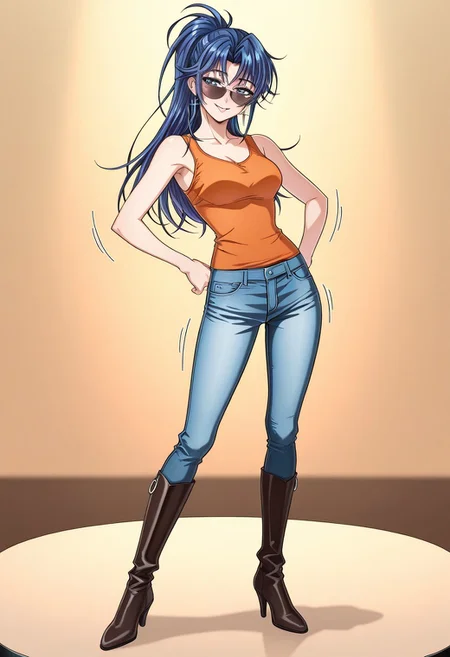 masterpiece, best quality, newest, highres, uncensored, 1girl, yokota mamoru style,1girl, slender face,motion lines,blush,torogao,looking at the viewer,seductive smile
Kouno Asami,Blue Hair, Curtained Hair, Long Hair, Ponytail, Spiky Bangs, Straight Hair,Blue Eyes,Medium Breasts, Slim, Cross Earrings
1girl,solo
Earrings, Sunglasses, Orange Tank Top,modelling,show,model show,High Heeled Shoes, Knee-high Boots,dress,jeans