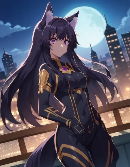 score_9, score_8_up, score_7_up, source_anime,
shadowdelta, <lora:shadow-delta-ponyxl-lora-nochekaiser:1>,
delta, long hair, black hair, animal ears, purple eyes, cat ears, animal ear fluff, facial mark, smile,
bodysuit, black bodysuit,
outdoors, cityscape, night, moon,
looking at viewer, cowboy shot, dutch angle,