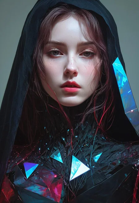 elegant haired abstract beauty, approaching perfection, dynamic, pitch black, highly detailed, dark, moody, low light, lowly lit, digital painting, artstation, concept art, smooth, sharp focus, illustration, art by Carne Griffiths and Wadim Kashin, black and red colors, good shadows, back lit, hidden, obscured, (pale skin:1.6), brushed eyebrows, busty, cleavage, (prisms:1.6), (prismatic:1.5), (ghostly thin veil:1.6), prismatic, reflections, cyberpunk, (black light clothes:1.6), monolith, mirrors, mirror, monolithic, obsidian, sun circle, other worldly, (different dimensions:1.7), (mysterious:1.5), (portrait:1.7), blue bra,