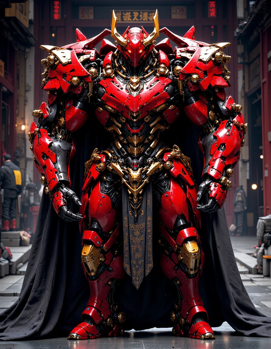 cinematic film still cinematic film still stylized by Sam Mayle, photograph, concept art, breathtaking red armored cybernetic robot, cloake black and golden shinobi, cyberpunk demon helmet, futuristic, exosuit, tactical, advanced gear, hero pose, highly detailed, futuristic, intricate, elegant, standing in a cyberpunk shinto shrine, distantfuture <lora:FluxMythP0rtr4itStyle:0.85> <lora:DistantFutureFluxV2-000013:0.85>