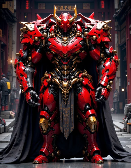 cinematic film still cinematic film still stylized by Sam Mayle, photograph, concept art, breathtaking red armored cybernetic robot, cloake black and golden shinobi, cyberpunk demon helmet, futuristic, exosuit, tactical, advanced gear, hero pose, highly detailed, futuristic, intricate, elegant, standing in a cyberpunk shinto shrine, distantfuture <lora:FluxMythP0rtr4itStyle:0.85> <lora:DistantFutureFluxV2-000013:0.85>
