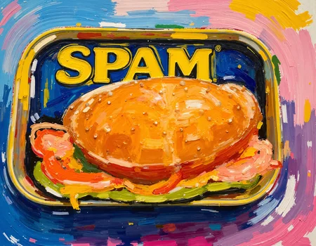 a messy oil painting, lots of bright colored bush strokes representing a tin of Spam