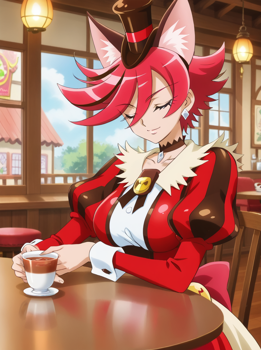 detailed background, shiny skin, posing,
<lora:curechocolat.pony:1>,
curechocolat, 
large breasts, 
cafe, sit, drinking tea, closed eyes, holding cup, tea cup,