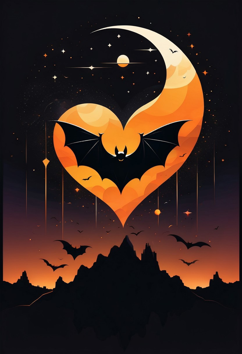 Vector Art, Dramatic Noir Silhouette, Bold Black and Orange Color Palette, (Moonlit Worlds:1.3), Heart-shaped Nebula, (Mystical Bats:1.2), Geometric Celestial Bodies, (Intricate Batwing Patterns:1.2), (Radiant Crescent Moon:1.3), Mesmerizing Geometric Shapes, (Emphasized Chiaroscuro:1.2), Captivating Composition, (Noir Enigma:1.2). simple background logo