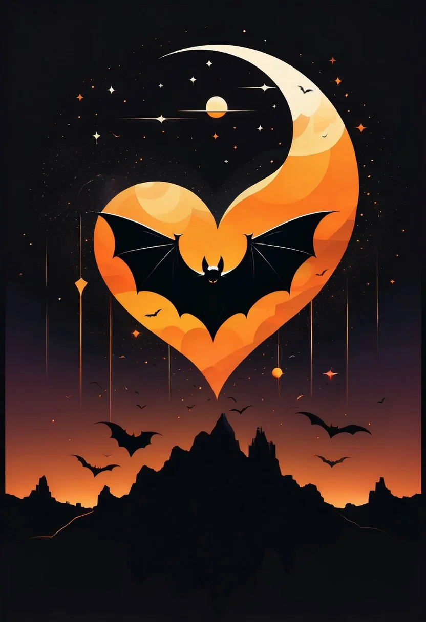 Vector Art, Dramatic Noir Silhouette, Bold Black and Orange Color Palette, (Moonlit Worlds:1.3), Heart-shaped Nebula, (Mystical Bats:1.2), Geometric Celestial Bodies, (Intricate Batwing Patterns:1.2), (Radiant Crescent Moon:1.3), Mesmerizing Geometric Shapes, (Emphasized Chiaroscuro:1.2), Captivating Composition, (Noir Enigma:1.2). simple background logo