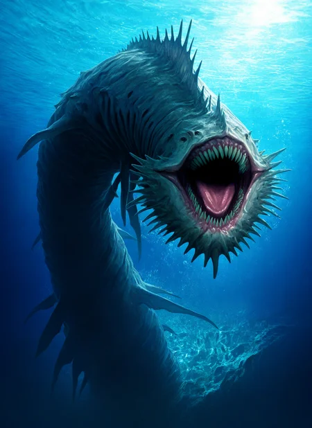 artist:, masterpiece, best quality, newest, very awa, absurdres, highres, mnsr, huge monster peaking from the ocean, teeth, daytime, sunshine, ocean, detailed, <lora:SDXL\Illustrous\Monster_Concept-Illu-mnsr:1.0>